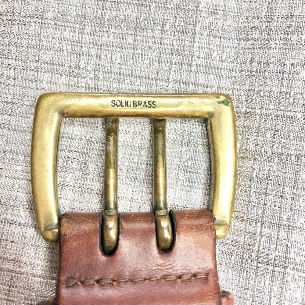 Columbia braided/ top stitched two tone leather and solid brass buckle belt